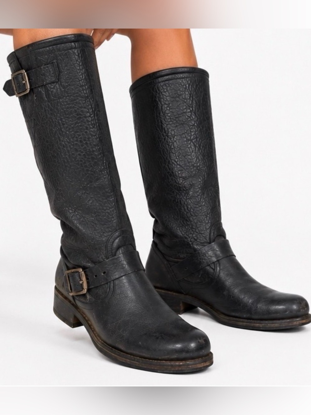 Frye Veronica tall Engineer Slouch Black Mid-Calf Leather Buckle Boots - 9